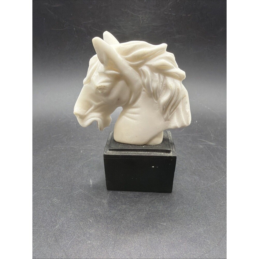Italian Hand Carve Alabaster Horse Head Sculpture -Black Marble Base 4” Tall